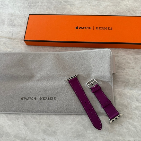 Hermes Accessories - Hermes Apple Watch Anemone Fuschia Leather Band Silver Hardware 40mm Single Tour